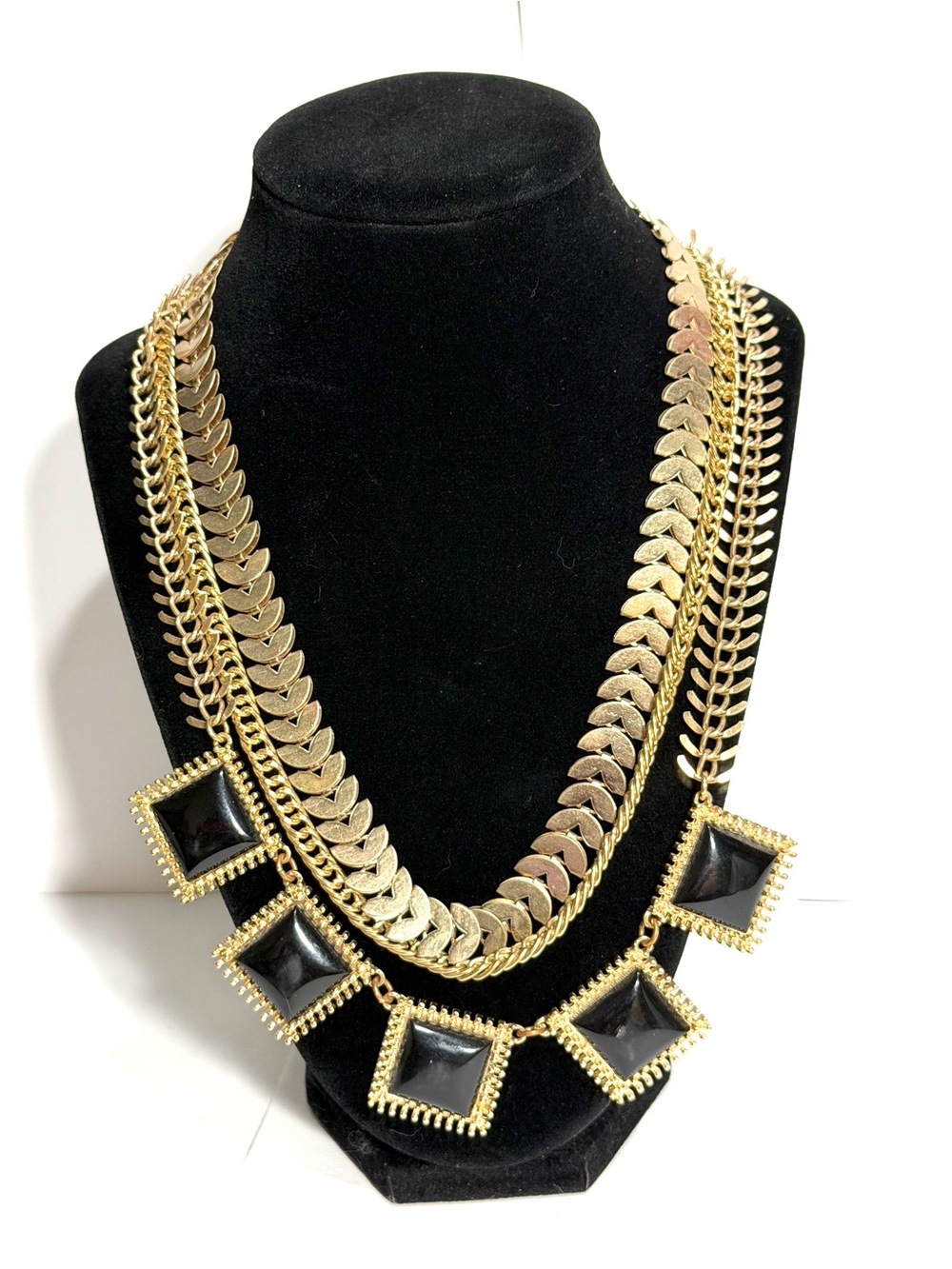 Egyptian Revival Layered Mika Statement Necklace Black Gold Tone 20 inch
